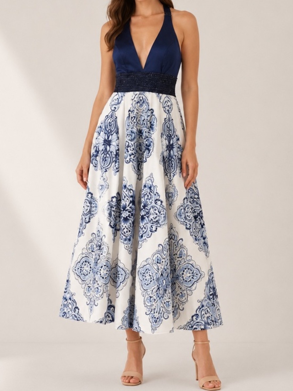 Camille La Vie Blue Floral Halter Maxi Gown Prom Formal Dress